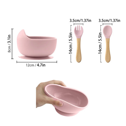 3Pcs Silicone Baby Feeding Bowl Set Baby Learning Dishes Suction Bowl Set Wood Spoon Fork Children Tableware Baby Stuff