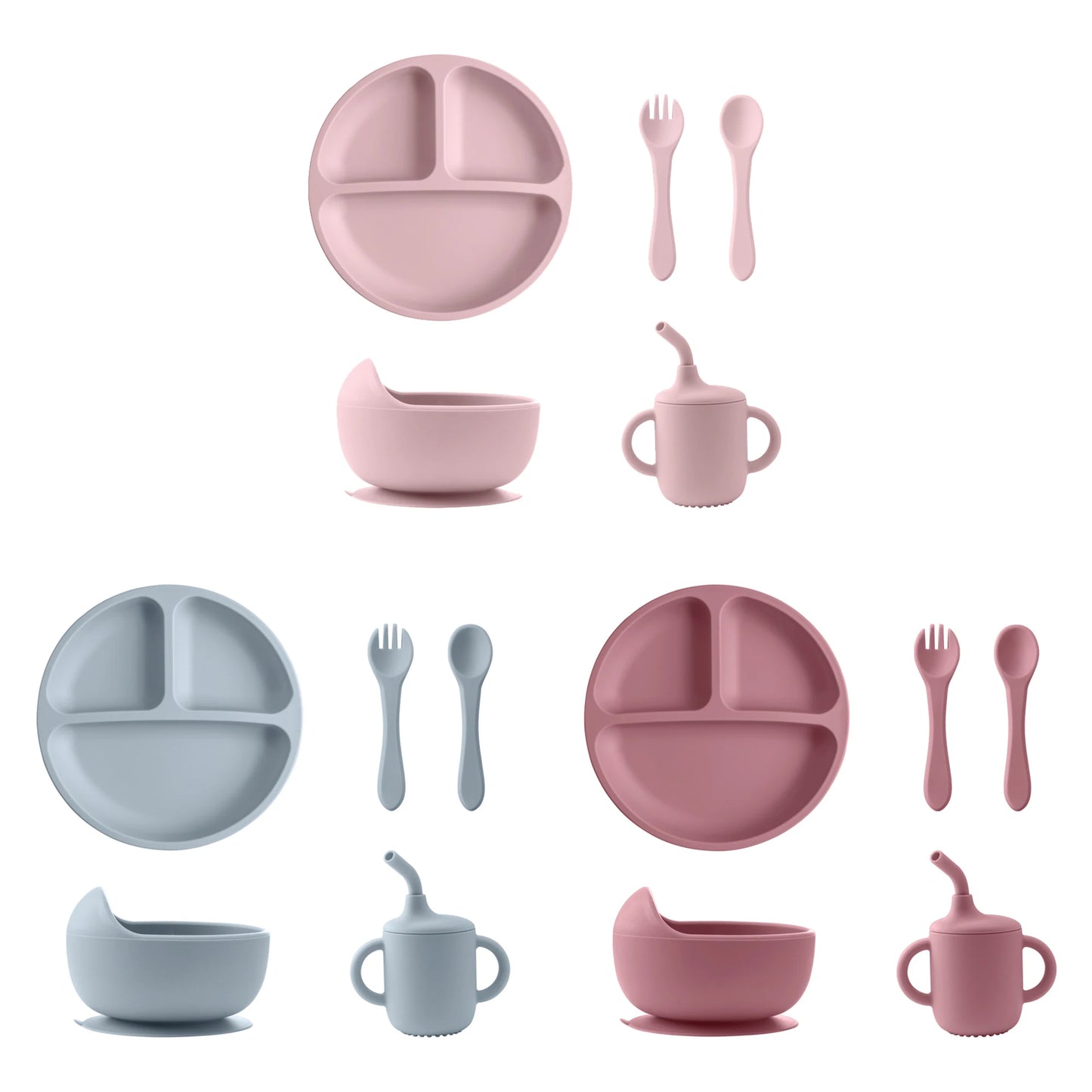 Free Silicone Baby Feeding Set Sucker Bowl Dinning Dishes Plate Straw Cup Spoon Forks for Kids Children's Tableware