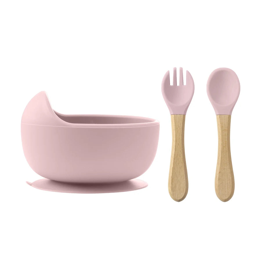 3Pcs Silicone Baby Feeding Bowl Set Baby Learning Dishes Suction Bowl Set Wood Spoon Fork Children Tableware Baby Stuff