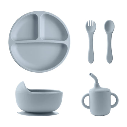 Free Silicone Baby Feeding Set Sucker Bowl Dinning Dishes Plate Straw Cup Spoon Forks for Kids Children's Tableware