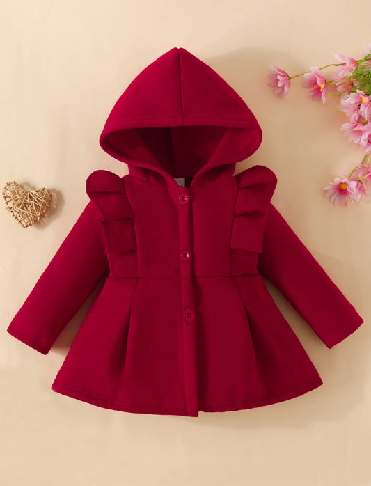 Baby Girl Ruffled Long Sleeve Fleece Hooded Single Breasted Coat Kids Clothes