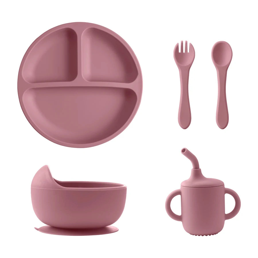 Free Silicone Baby Feeding Set Sucker Bowl Dinning Dishes Plate Straw Cup Spoon Forks for Kids Children's Tableware