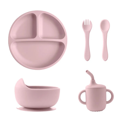 Free Silicone Baby Feeding Set Sucker Bowl Dinning Dishes Plate Straw Cup Spoon Forks for Kids Children's Tableware